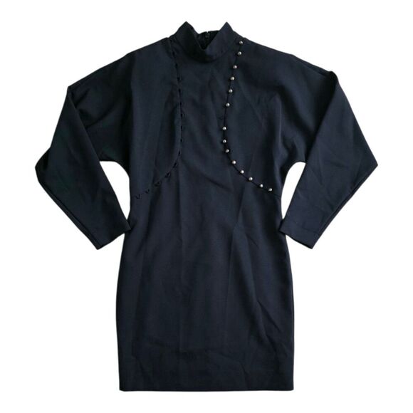 Nicole Miller Black Puff Sleeve Mock Neck Mini Button Dress 2 - Picture 2 of 6